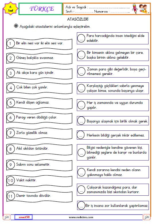 4. Sınıf Türkçe Atasözleri Etkinliği 2
